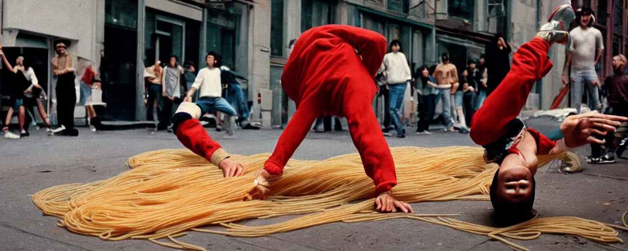 Image similar to !!! spaghetti, 1 9 8 0's breakdancing, nyc, canon 2 0 mm, wes anderson, kodachrome