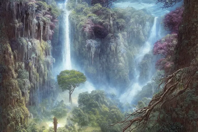 Prompt: Himeji Rivendell overlooks the Garden of Eden, amazing concept painting, fantasy landscape, castle, valley, waterfalls, trees, by Jessica Rossier by HR giger by Beksinski, by brian Froud