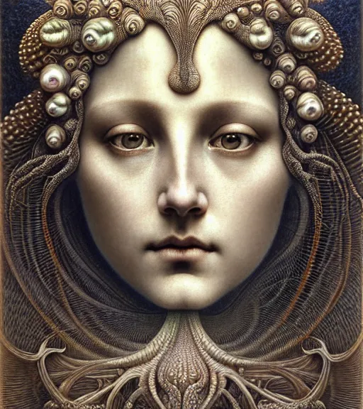 Image similar to detailed realistic beautiful pearl goddess face portrait by jean delville, gustave dore, iris van herpen and marco mazzoni, art forms of nature by ernst haeckel, art nouveau, symbolist, visionary, gothic, neo - gothic, pre - raphaelite, fractal lace, intricate alien botanicals, ai biodiversity, surreality, hyperdetailed ultrasharp octane render