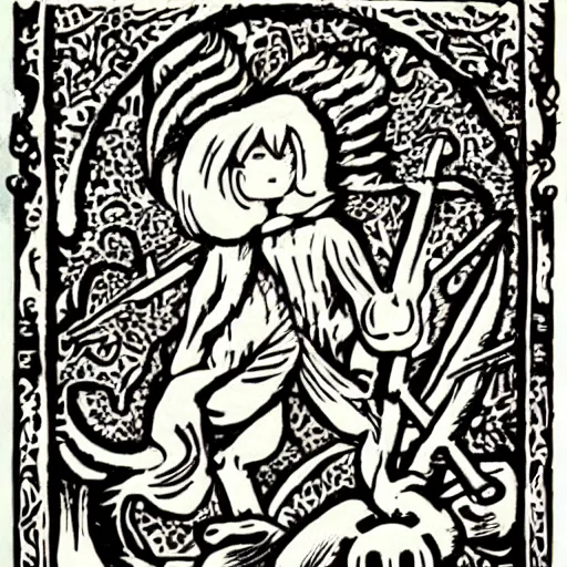 Image similar to Kyubey in the style of European woodcuts