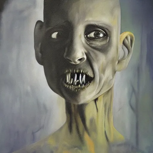 Image similar to acrylic on canvas by sally mann, by robert kirkman dismal, emotive. a beautiful painting of a giant head. the head is bald & has a big nose. the eyes are wide open & have a crazy look. the mouth is open & has sharp teeth. the neck is long & thin.