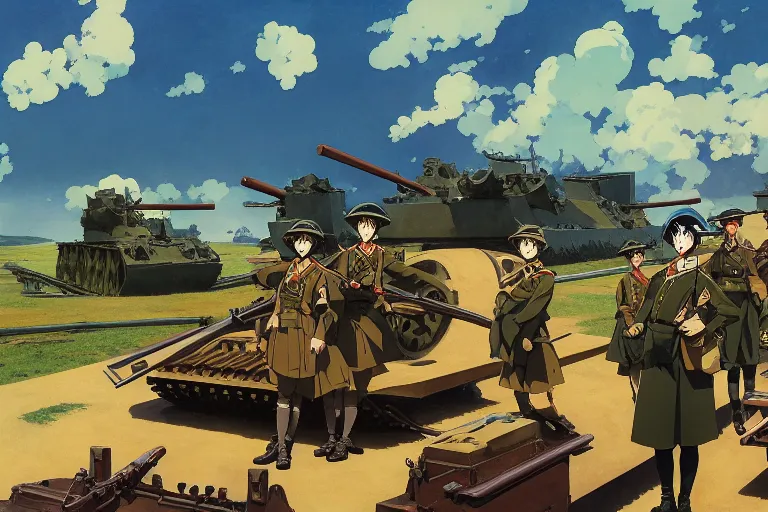 Image similar to anime key visual depicting the horros 1 9 1 8 great war, anime maids riding early tanks, matriarchy, old bolt action rifles, biplanes in the sky, blood anguish terror, jamie wyeth james gilleard edward hopper greg rutkowski acrylic painting, preserved museum piece, historical