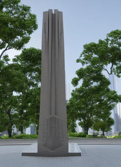 Prompt: highly detailed realistic architecture 3 d render of a futuristic stele monument in ieoh ming pei style standing in city park, archdaily, made in unreal engine 4 octane render