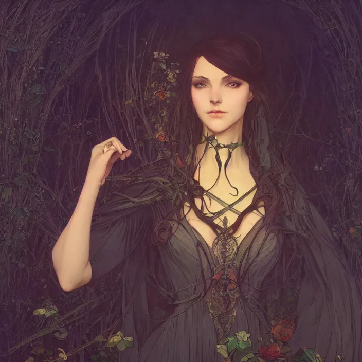 Prompt: a beautiful render of absolutely beautiful witch, gothic background, a beautiful face, perfectly shaded, atmospheric lighting, style of makoto shinkai, raphael lacoste, louis comfort tiffany, artgerm, karol bak, james jean, alphonse maria mucha