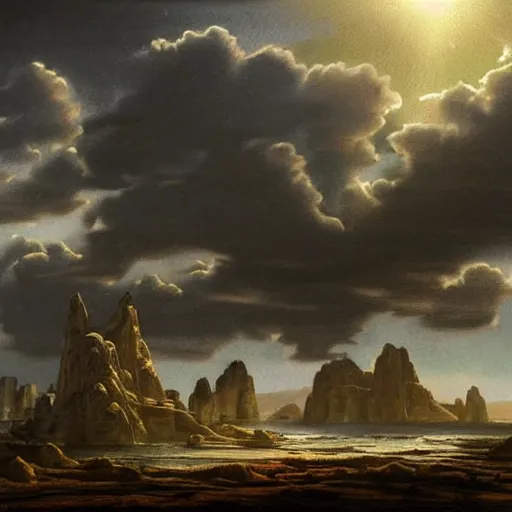 Image similar to the glory of old atlantis, which is an island in the middle of the Atlantic the size of Libya, with hills, mountains, a sun setting, fields being worked, oceans in the background, many tall trees, and a bit of desert in the scene. The civilization of atlantis has developed ancient advanced technologies such as mining, farming and medicine, in a surreal, abstract style