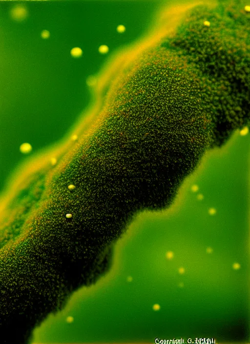 Image similar to realistic photo of a moist moss covered with white dots, fluffy microbe ; 1 9 9 0, microscope, closeup, bokeh, natural colors, kodak ektar, 2 0 0 iso, 3 5 mm lens, bill henson