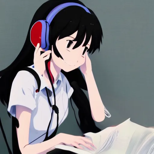 Prompt: Anime portrait painting of a black haired girl wearing headphones while studying in her warm cozy home, by makoto shinkai, relaxed, calm, atmospheric, peacefull, trending on artstation, kimi no na wa