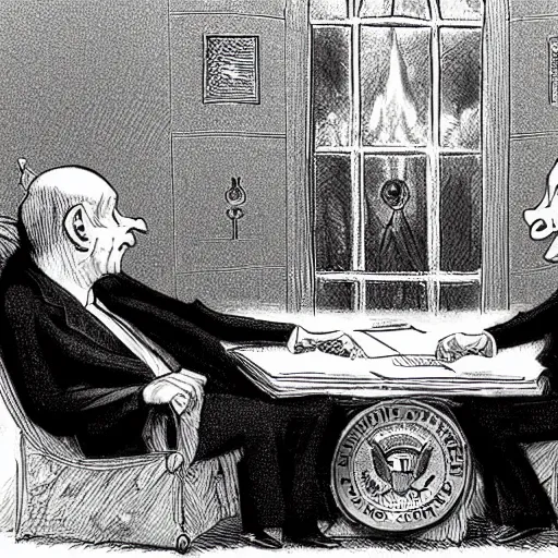 Prompt: president gollum and sauron in an oval office meeting to discuss the one ring