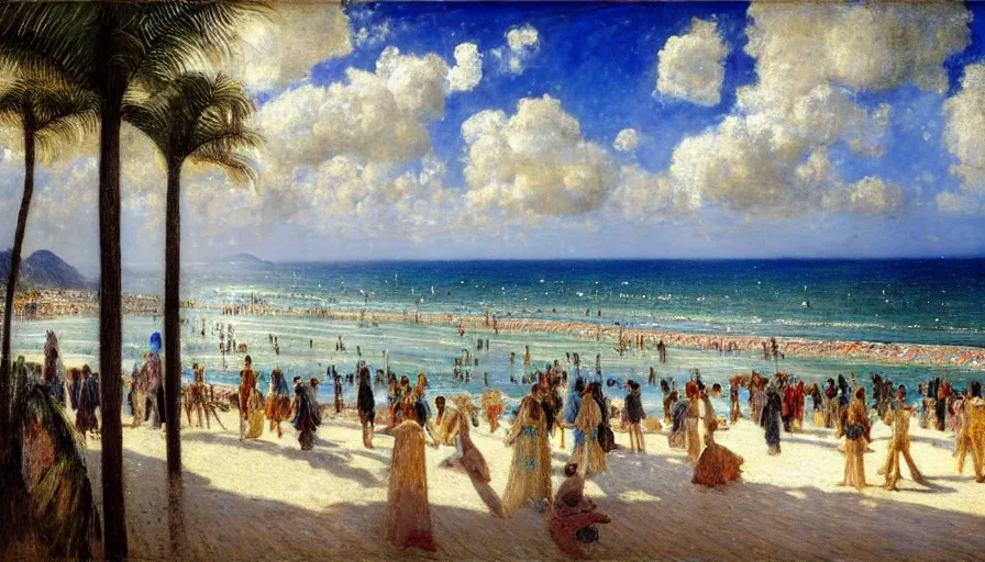 Image similar to a ultradetailed beautiful painting of the thunderstorm sky of the rio de janeiro palace balustrade designed by jules bastien - lepage, tarsila do amaral, frank weston and gustave baumann, beach, trending on artstation, mediterranean, palm trees, sharp focus, colorful refracted sparkles and lines, soft light, 8 k 4 k