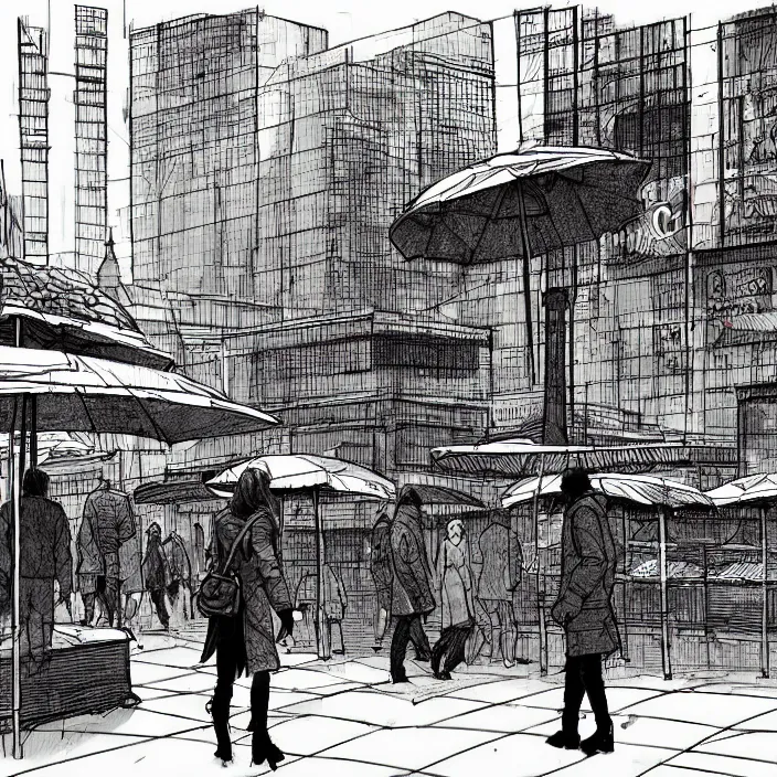 Prompt: close view of market stall. umbrellas on the stall. set in a square, pedestrians walk past. background of old soviet monument. storyboard, scifi cyberpunk. by gabriel hardman, joe alves, chris bonura. cinematic atmosphere, detailed and intricate, perfect anatomy