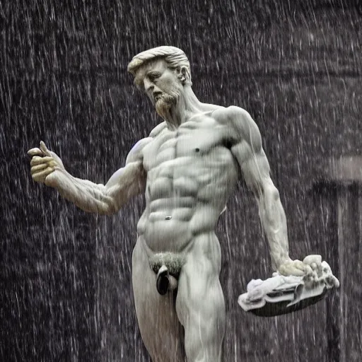 Image similar to 4 k hdr full body wide angle sony portrait of a michelangelo statue as donald trump showering in a rainstorm with moody stormy overcast lighting