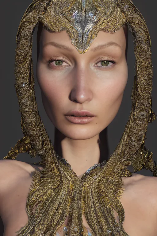 Prompt: a highly detailed metahuman render portrait of an alien goddess bella hadid in iris van herpen dress schiaparelli in diamonds and jewelry in style of alphonse mucha trending on artstation made in unreal engine 4