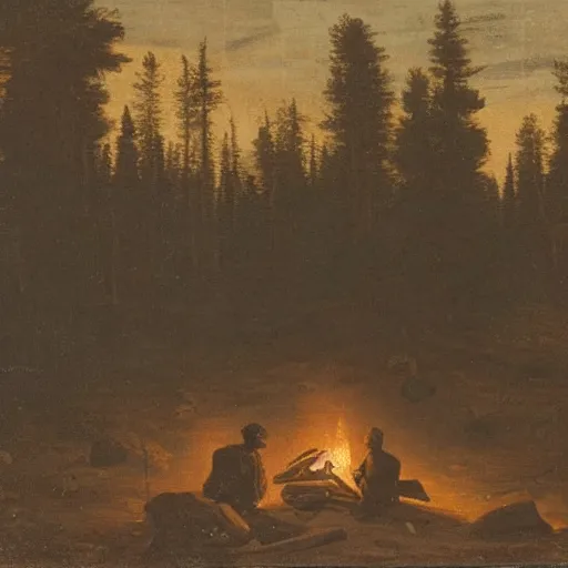 Prompt: hunter alone in the wilderness, embers of a campfire at midnight, dark boreal forest, 19th century