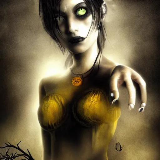 Prompt: a woman with yellow eyes and black hair, a detailed matte painting by basuki abdullah, deviantart, gothic art, demonic photograph, horror film, dark