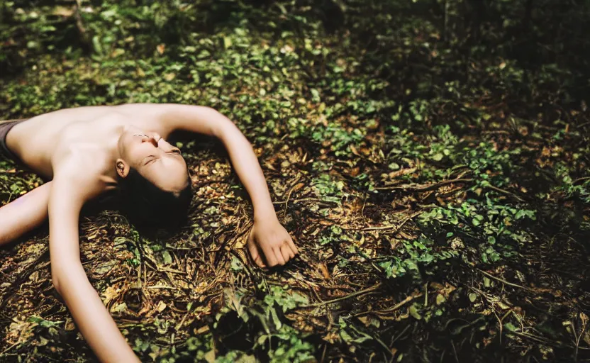 Prompt: a person made of solid gold, laying in the forest, photography