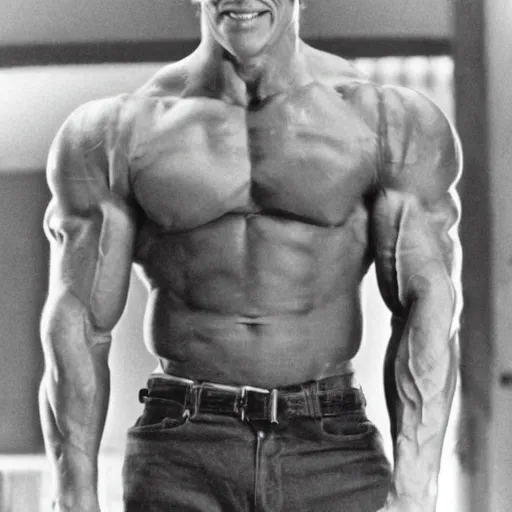 Image similar to photograph of Arnold Schwarzenegger but skinny