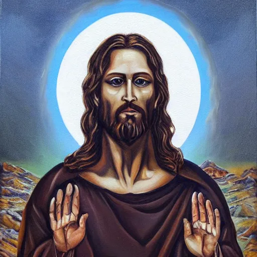 Prompt: a highly detailed oil painting of Jesus Christ with skull instead of face, standing inside the epicenter of thermonuclear blast mushroom on blue earth planet, praying for mercy