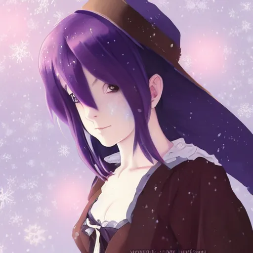 Prompt: wearing full clothing in full clothing victorian dress, beautiful anime woman, purple hair, red eyes, weapon, steampunk, symmetrical face, symmetrical eyes, full round face, short smile, detailed, winter setting, cinematic lighting, medium shot, mid - shot, makoto shinkai, artgerm, ilya kuvshinov, loish