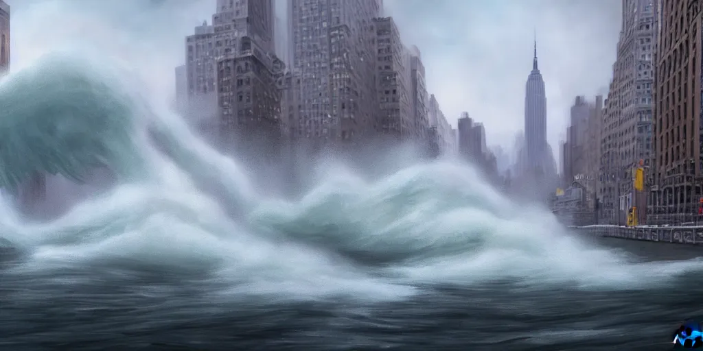 Image similar to a huge tidal wave crashing down on New York City, wide angle, super highly detailed, professional digital painting, artstation, concept art, smooth, sharp focus, no blur, no dof, extreme illustration, Unreal Engine 5, Photorealism, HD quality, 8k resolution, cinema 4d, 3D, beautiful, cinematic, art by artgerm and greg rutkowski and alphonse mucha and loish and WLOP