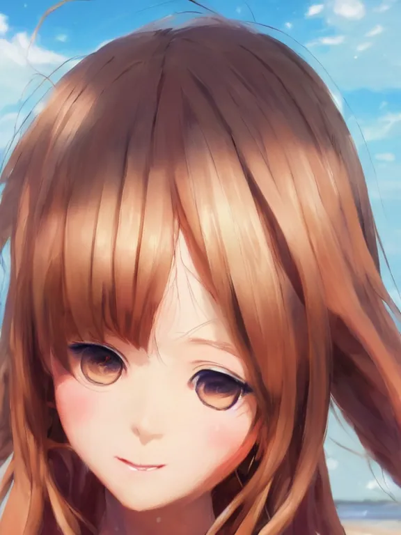 Image similar to A portrait of a smiling anime girl on the beach near the ocean, young child, medium shot, whole head, trending on artstation, by Stanley Artgerm Lau, WLOP, Rossdraws, James Jean, Andrei Riabovitchev, Marc Simonetti, and Sakimi chan, anime portrait, official anime artwork