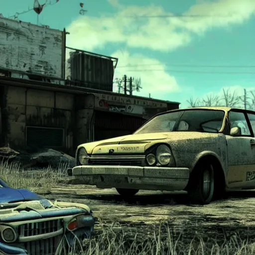 Prompt: Screenshot of a Honda Civic in Fallout glitching though the ground