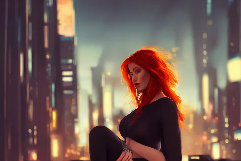 Prompt: hyperrealistic portrait of stunningly beautiful redhead girl, lit by dawn light, cyberpunk city on background, trending on artstation,ultrawide angle, f8 , polarizer