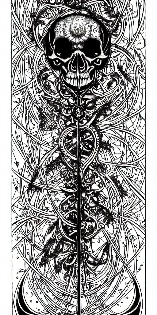 Prompt: a beautiful ombre skullpunk fractal tarot card featuring bold occult imagery with clean lines. haeckel. detailed adult coloring book