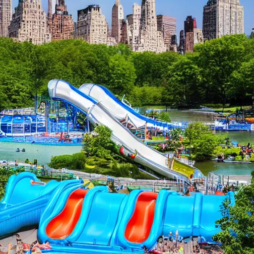 Prompt: highly detailed photo of a large water park with numerous slides and water rides inside of central park. the new york city skyline is shown in the background.