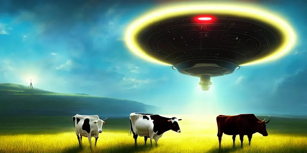 Image similar to a beautiful ufo abducting a cow from a field, beam of light, vivid colors, digital art, landscape, fantasy art, octane render, unreal engine, high detail, very realistic, by greg rutkowski. by james gurney