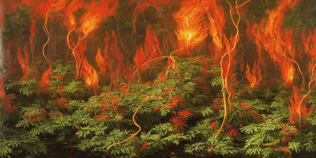 Image similar to A flaming forest , flaming leaves,Magma,flame stones are scattered, flame ferns, flame shrubs, huge flame Fantasy plant,covered in flame porcelain vine,by Frederic Edwin Church