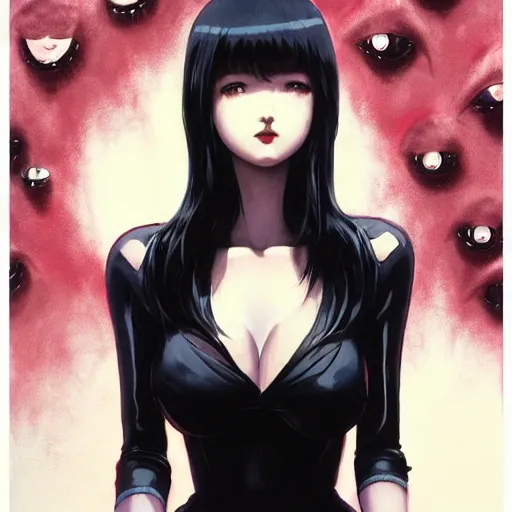 Prompt: A beautiful demon woman with big and cute eyes || VERY ANIME, fine-face, red and black robotic parts, realistic shaded perfect face, fine details. Anime. realistic shaded lighting poster by Ilya Kuvshinov katsuhiro otomo ghost-in-the-shell, magali villeneuve, artgerm, Jeremy Lipkin and Michael Garmash, Rob Rey and Kentarõ Miura style, trending on art station