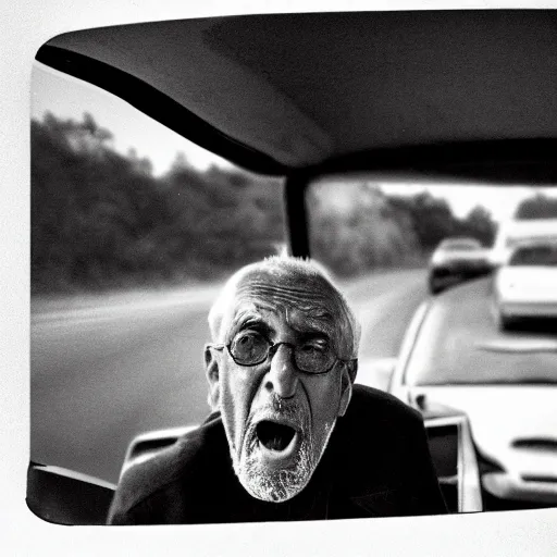 Image similar to an old man screaming out his car window in a drive thru, photography, fury,