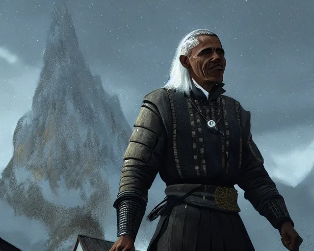 Image similar to 5 5 mm portrait photo of a real life barack obama as a witcher in kaer morhen. dark atmosphere. art by greg rutkowski. highly detailed 8 k. intricate. lifelike. soft light. nikon d 8 5 0.