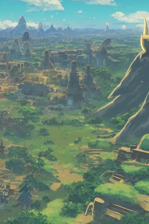 Image similar to skyline, Details, illustration , in the style of Studio ghibli, breath of the wild, myazaki, anime, clean render, denoise, rule of thirds