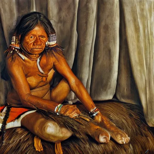 Prompt: high quality high detail painting by lucian freud, hd, full body of a indigenous tribe woman witch, photorealistic lighting