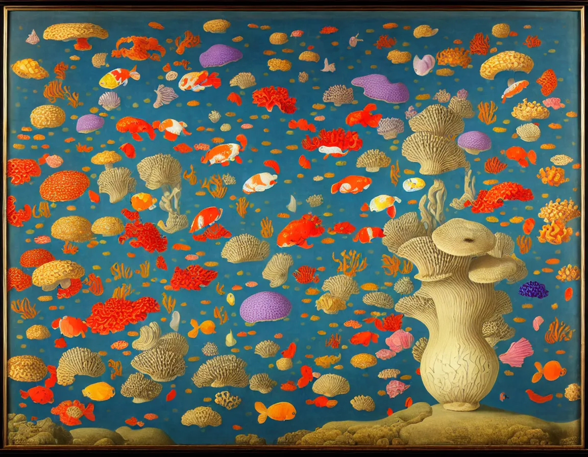 Prompt: vase of mushroom in the sky and under the sea decorated with a dense field of stylized scrolls that have opaque purple outlines, with mutant koi fishes and sponges, ambrosius benson, oil on canvas, hyperrealism, light color, no hard shadow, around the edges there are no objects