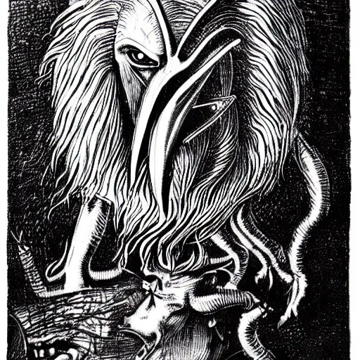Image similar to a creature with the body and eyes of a man, with the beak of an eagle, the mane of a lion, and the horn of a bull. drawn by h. r. giger