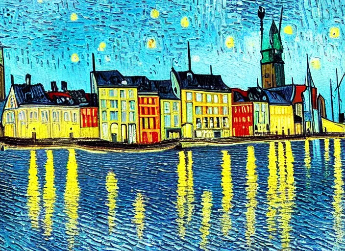 Image similar to a painting of the city of Rostock in the style of Vincent van Gogh