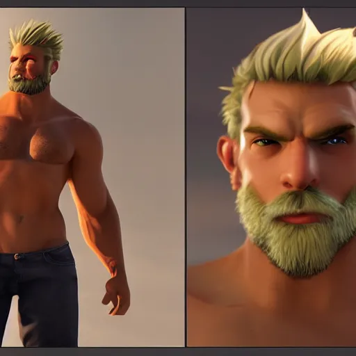 Image similar to attractive strong built irish english man with a chin beard and spiky blonde hair smiling at the camera, unreal engine, character design