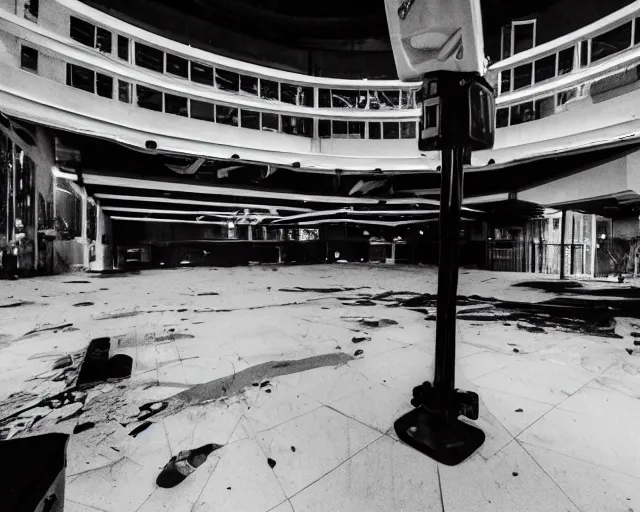 Image similar to camera footage of a Darpa Robot hunting people in an abandoned shopping mall, high exposure, dark, monochrome, camera, grainy, CCTV, security camera footage, timestamp, zoomed in, fish-eye lense, Robot, Drone, Intense, Darpa,