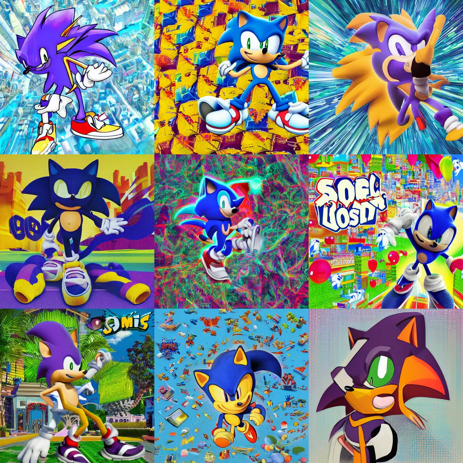 Prompt: sonic mascot made of surreal, sharp, detailed professional, high quality low poly render of MGMT album cover of a liquid dissolving LSD DMTblue sonic the hedgehog on a flat purple checkerboard plane, 1990s 1992 prerendered graphics phong shaded album cover