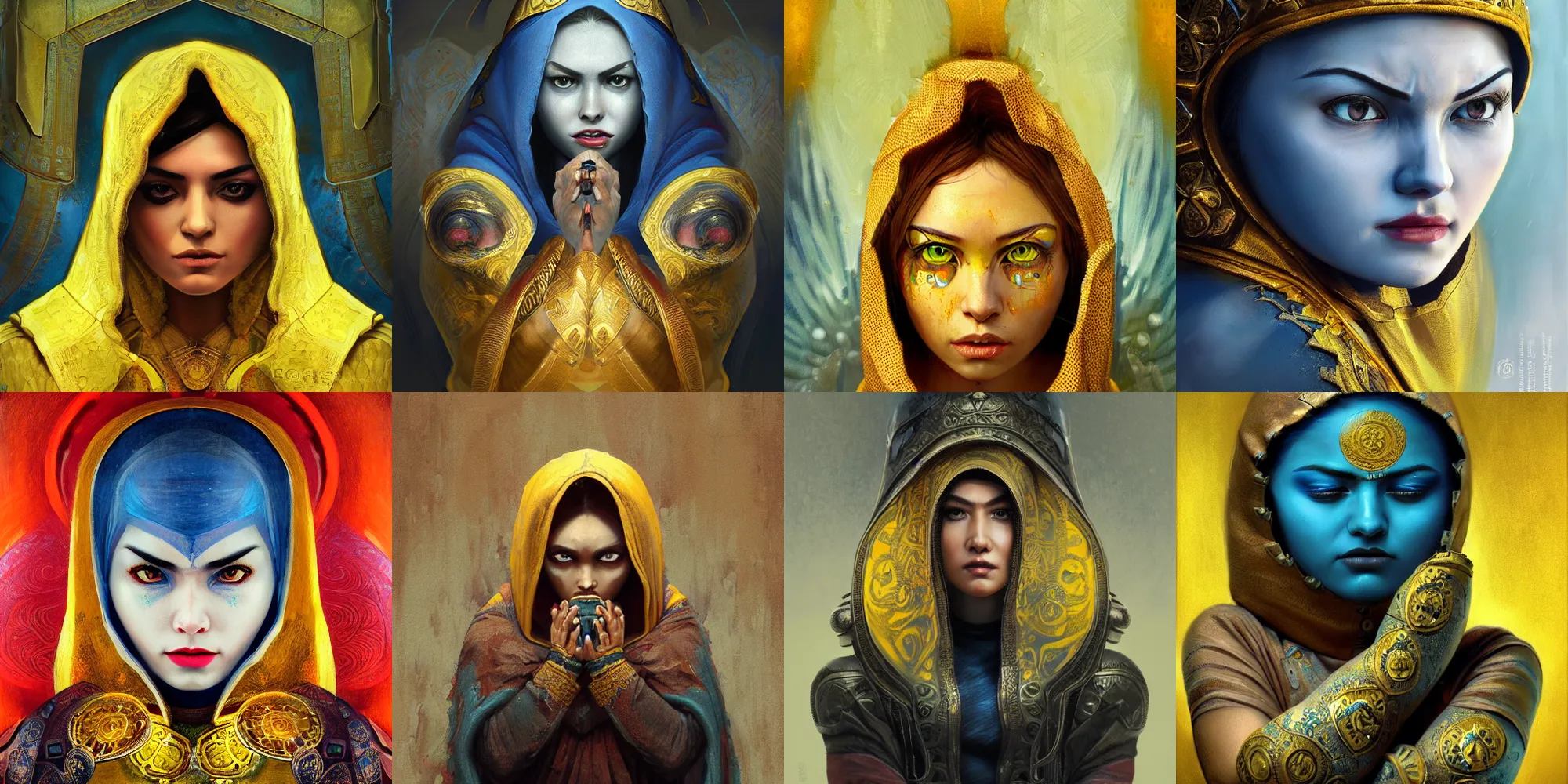 Prompt: The angry Godess matryoshka, portrait, highly detailed, digital painting, artstation, concept art, smooth, detailed rusty armor, sharp focus, beautiful face, symmetric face, dystopian, cinematic, videogame cover art, illustration, fantasy, blue and yellow color theme, art by Artgerm and Greg Rutkowski and Alphonse Mucha