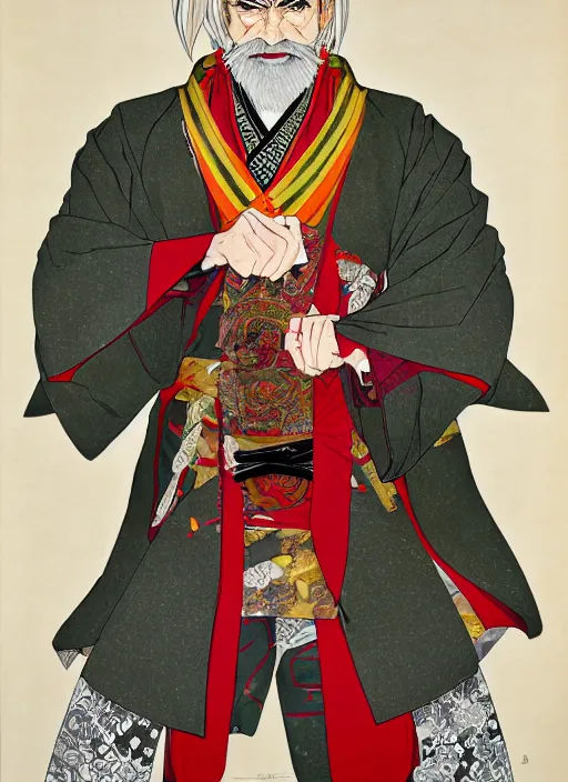 Prompt: half body portrait of a handsome muscular old mad with blonde hair and grey beard wearing and ornate red, green and gold trench coat. detailed, wearing kimono armour, by conrad roset, takato yomamoto, jesper ejsing, masamune shiro