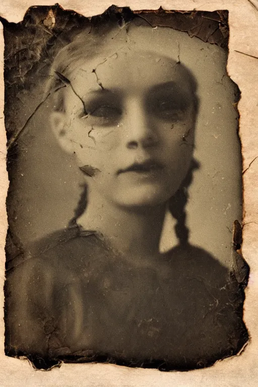 Prompt: portrait of demon, old vintage photography, damaged photo, film artifacts, scratches, tears, sharpness, hyperrealistic, ultra detailed, 4 k