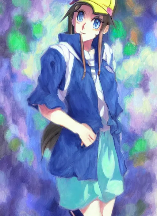 Prompt: a portrait of a female pokemon trainer, blue outfit, very anime in impressionist style, trending artwork, anime painter studio, by claude monet