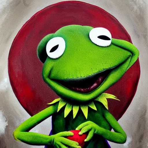 Prompt: grunge painting of kermit the frog with a wide smile and a red balloon by chris leib, loony toons style, pennywise style, corpse bride style, horror theme, detailed, elegant, intricate