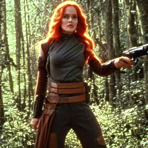 Image similar to movie still of cute young sharon stone as bounty hunter mara jade on the forested mountain planet wayland in star wars episode vii : heir to the empire ( 1 9 9 1 ) ; bare arms ; leather