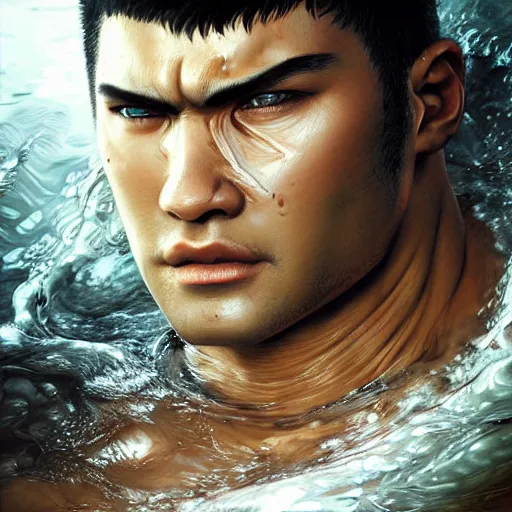 Image similar to photorealistic shockingly amazing portrait of guts from berserk submerged in water extremely detailed, made by wlop and maxwell boas