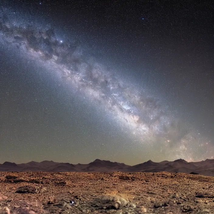 Prompt: Milky Way as seen in the night sky of a distant alien planet with mountain surface, NASA true color photograph, very detailed, 8k resolution