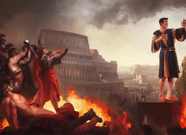 Image similar to julius caesar taking a selfie with an iphone as rome burns behind him by wlop and raymond swanland